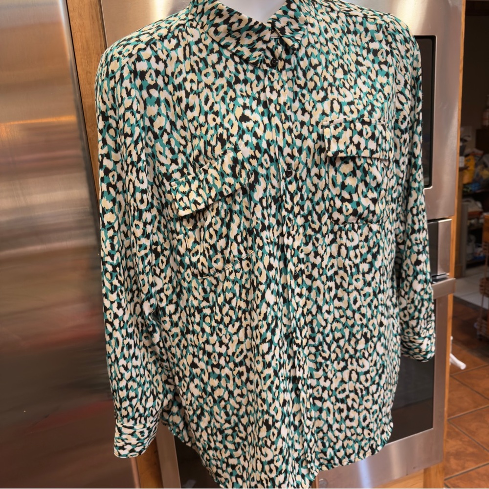 Olivia Investments Multicolor Green/White/Black Patterned 2 way Sleeve Blouse 1X